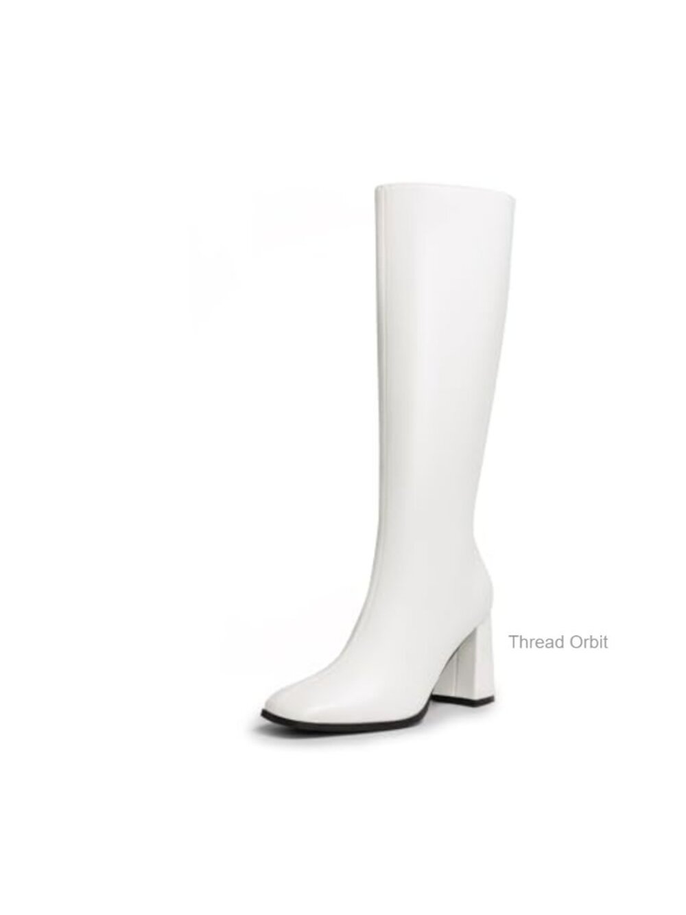 Faux Leather Knee High Square Toe Heel Boots Side Zip Chunky Heel